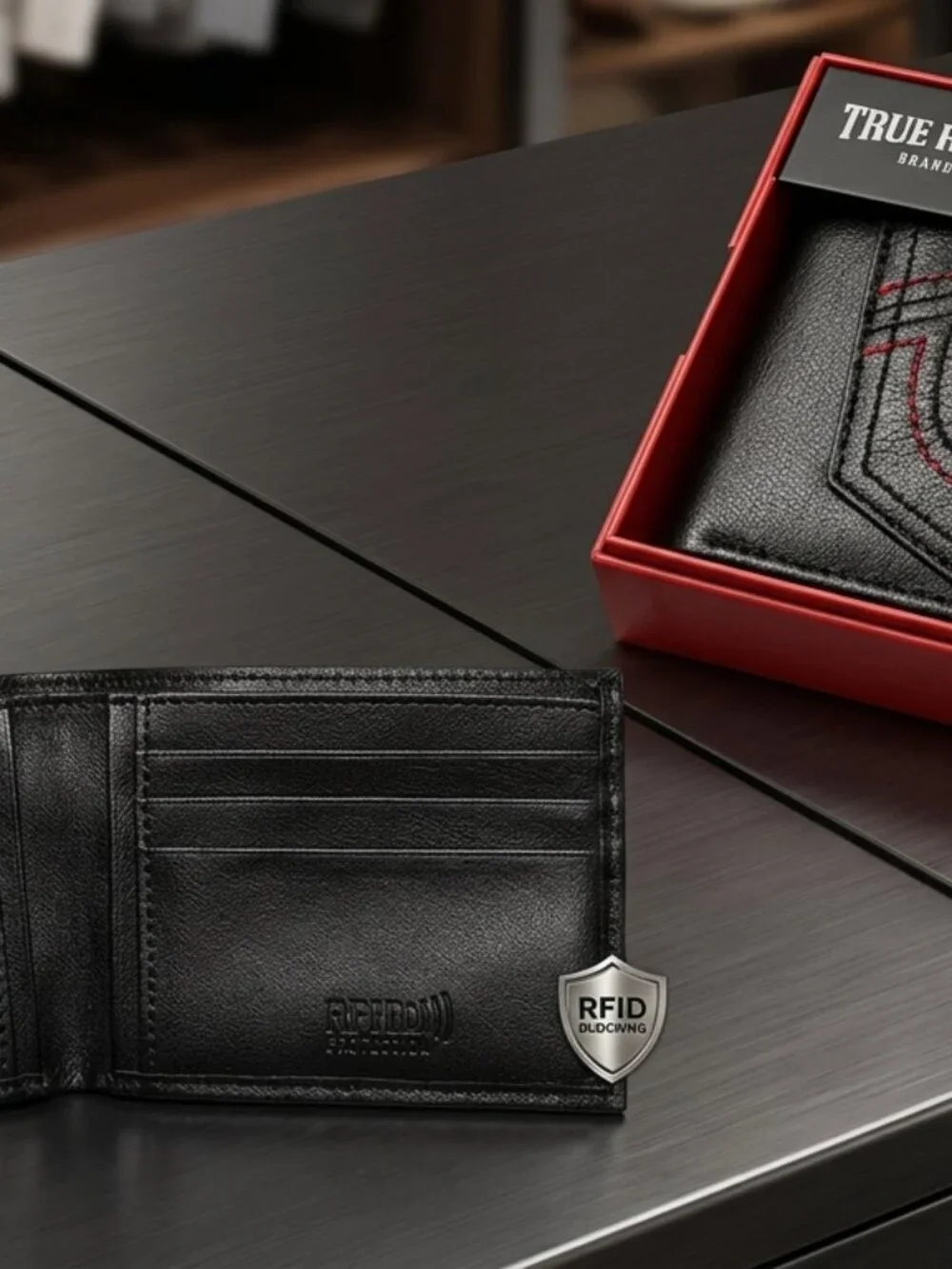 TRUE RELIGION Black Leather Bifold Wallet Logo Boxed RFID & removable ID Window